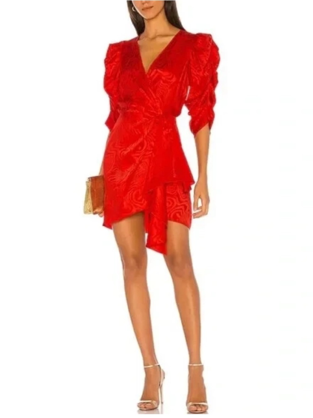 Ronny Kobo red Silk-Blend Puff-Sleeve Leopard Derby Event Glam mini Dress Size M